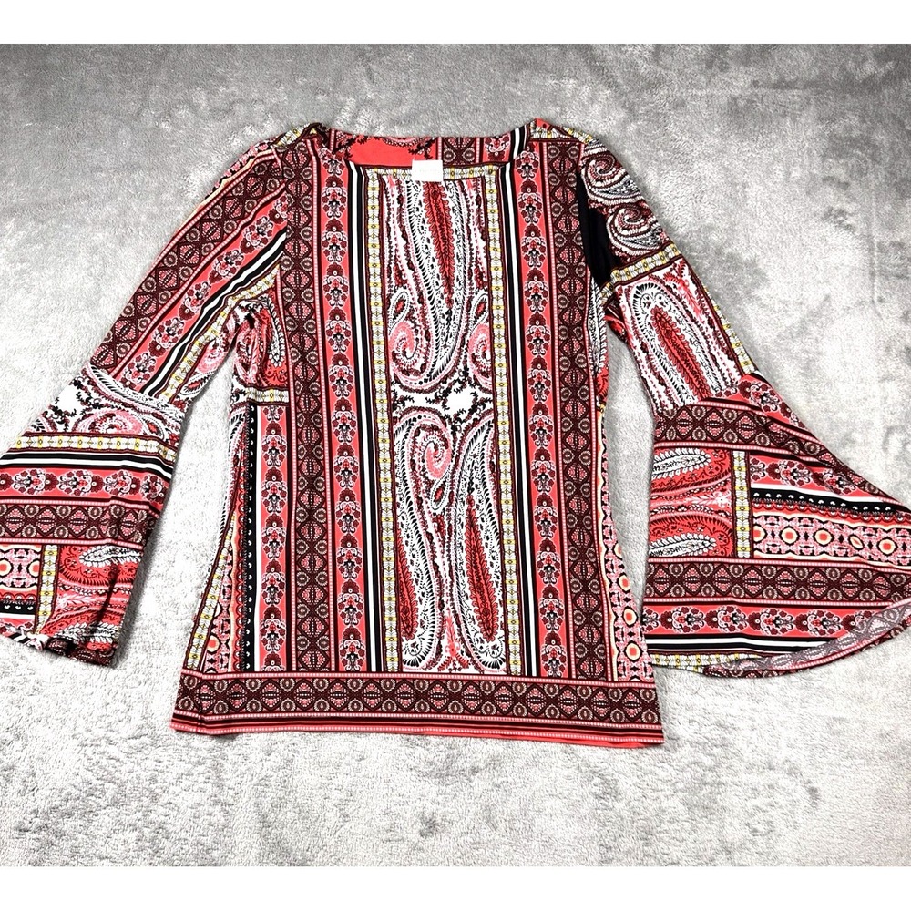 Chico's Boho Paisley Border Print Bell Sleeve Tunic Top Women's 0 Stretch